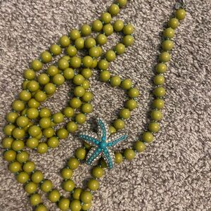 Stella & Dot Palm La Coco Beaded Necklace With Starfish Brooch Green Turquoise